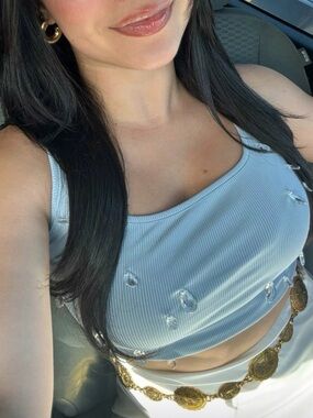 Ribbed Light Blue Crop Tank Top with Embellishments